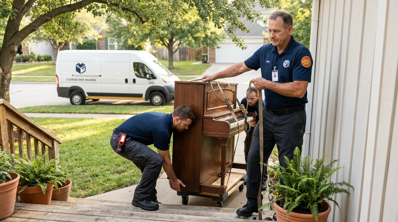 Licensed piano movers securing grand piano in Newfane, VT