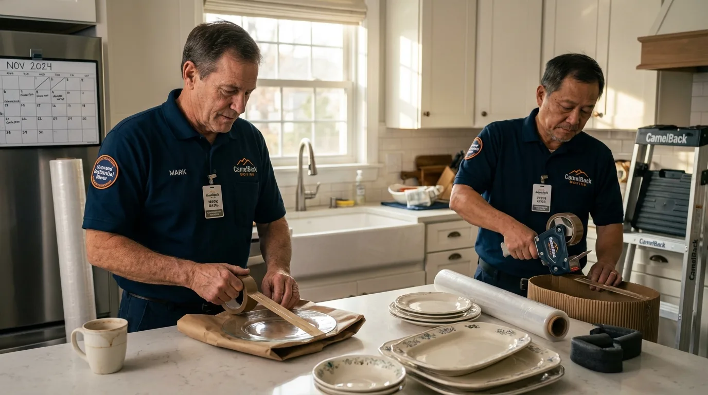 Professional crew packing kitchen dishware in Newfane, VT